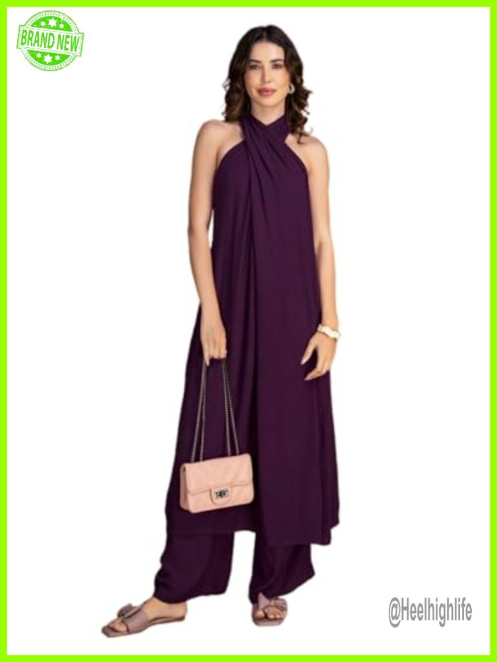 Women's Rayon Draped Halter Neck Kurta Palazzo Pants 2 Piece Co-Ord Set